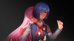 Rule 34 | 2girls, :q, ascot, black dress, blue eyes, blue hair, blush, bob cut, breasts, closed mouth, commentary, curled fingers, darling in the franxx, dress, embarrassed, emblem, green eyes, grey dress, hair ornament, hair over one eye, hairband, hairclip, hand on another&#039;s chest, hand on another&#039;s stomach, highres, horns, hug, hug from behind, ichigo (darling in the franxx), licking lips, long hair, manna (pixiv8805037), military uniform, multiple girls, nose blush, oni horns, pink hair, reaching, red ascot, red dress, red horns, shaded face, shadow, short hair, sidelocks, small breasts, tongue, tongue out, uniform, upper body, very long hair, wavy mouth, white dress, white hairband, yuri, zero two (darling in the franxx)