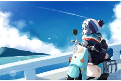 Rule 34 | 1girl, beanie, black coat, blue hair, blue hat, blue sky, closed mouth, cloud, cloudy sky, coat, commentary, contrail, day, english commentary, guard rail, hat, highres, long hair, long sleeves, motor vehicle, multicolored clothes, multicolored scarf, on vehicle, outdoors, purple eyes, ringosutta, scarf, scooter, shima rin, shoshinsha mark, sitting, sky, smile, solo, sparkle, twitter username, vespa, watermark, web address, yurucamp