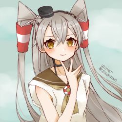 Rule 34 | 1girl, adapted costume, alternate color, amatsukaze (kancolle), blue sky, brown eyes, brown neckerchief, brown sailor collar, cloud, cocoperino, commentary request, dated, dress, hair tubes, kantai collection, long hair, looking at viewer, neckerchief, one-hour drawing challenge, sailor collar, sailor dress, silver hair, sky, solo, twitter username, two side up, upper body, white dress