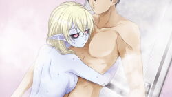Rule 34 | 1boy, 1girl, artist request, bags under eyes, black sclera, blonde hair, breasts, colored sclera, colored skin, completely nude, faceless, faceless male, game cg, grey skin, hetero, hug, jerez (monster musume), long hair, medium breasts, monster musume no iru nichijou, monster musume no iru nichijou online, nude, official art, pink eyes, pointy ears, pout, shower (place), steam, wet