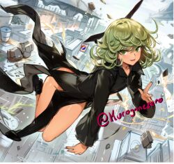 Rule 34 | 1girl, :d, bare legs, black dress, breasts, city, collared dress, commentary request, curly hair, dress, floating, floating clothes, full body, green eyes, grey hair, groin, kuroganezero, long sleeves, looking at viewer, medium hair, mixed-language commentary, one-punch man, open mouth, perspective, shiny skin, signature, small breasts, smile, solo, spanish commentary, tatsumaki, telekinesis, twitter username, wide sleeves