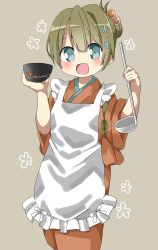 Rule 34 | 1girl, :d, apron, blue eyes, blush, bowl, brown background, brown hair, brown kimono, commentary request, frilled apron, frills, hair between eyes, hair bobbles, hair ornament, hamada pengin, hands up, highres, holding, holding bowl, japanese clothes, kimono, ladle, maid, maid apron, open mouth, original, single hair intake, sleeves pushed up, smile, solo, wa maid, white apron, wide sleeves