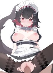 Rule 34 | 1boy, 1girl, absurdres, black hair, blush, breasts, closed mouth, colored inner hair, cowboy shot, ellen joe, fins, fish tail, hair between eyes, hair ornament, hairclip, highres, jyt, large breasts, maid, maid headdress, mole, mole under eye, multicolored hair, nipples, pantyhose, penis, pussy, red eyes, red hair, shark girl, shark tail, short hair, sidelocks, simple background, solo focus, spread legs, sweatdrop, tail, torn clothes, torn pantyhose, two-tone hair, white background, zenless zone zero