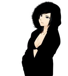 Rule 34 | 1girl, black coat, black hair, blending, blue eyes, bra, breasts, cleavage, coat, collarbone, fur trim, hood, hooded jacket, jacket, long hair, md5 mismatch, no shirt, open clothes, open coat, original, poaro, resized, simple background, small breasts, solo, underwear, white background