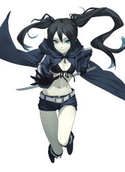 Rule 34 | 10s, 1girl, belt, bikini, bikini top only, black bikini, black hair, black rock shooter, black rock shooter (character), denim, denim shorts, fkey, front-tie top, full body, gloves, highres, katana, looking at viewer, navel, shorts, simple background, smile, solo, swimsuit, sword, twintails, weapon, white background