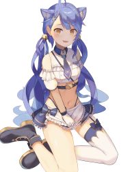 Rule 34 | 1girl, @ @, absurdres, ahoge, amamiya kokoro, amamiya kokoro (2nd costume), animal ears, ankle boots, apron, bare shoulders, bell, black footwear, blue hair, blue skirt, blush, boots, braid, breasts, cat ears, collared shirt, commentary, detached sleeves, fang, french braid, frilled apron, frilled skirt, frilled sleeves, frills, garter straps, hair bell, hair between eyes, hair ornament, highres, jingle bell, long hair, looking at viewer, low twintails, midriff, miniskirt, navel, nijisanji, open mouth, rakkasei, ribbon, shirt, sidelocks, simple background, single thighhigh, sitting, skin fang, skindentation, skirt, sleeveless, sleeveless shirt, small breasts, solo, thighhighs, twintails, underbust, very long hair, virtual youtuber, white apron, white background, white shirt, white thighhighs, x hair ornament, yellow eyes, yokozuwari