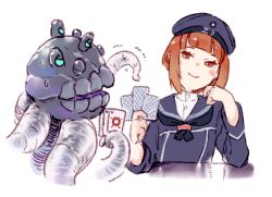 Rule 34 | 1girl, 1other, abyssal ship, blush, brown eyes, brown hair, card, dress, enemy lifebuoy (kancolle), enemy naval mine (kancolle), hat, holding, holding card, kantai collection, long sleeves, looking at another, sailor collar, sailor dress, sailor hat, short hair, simple background, smile, smug, sweat, tentacles, trembling, uyama hajime, white background, z3 max schultz (kancolle)