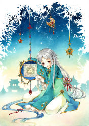 Rule 34 | 1girl, architecture, bow, crescent moon, cyclamate, east asian architecture, gem, hair bow, hair ornament, horizon, kirishima ten, light smile, long hair, long sleeves, looking at viewer, moon, multicolored hair, original, red eyes, silhouette, silver hair, sitting, sky, sleeves past wrists, smile, solo, star (sky), star (symbol), starry sky, very long hair, wariza