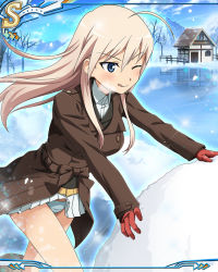 Rule 34 | 1girl, ;p, ahoge, bare tree, blonde hair, blue eyes, cabin, card (medium), coat, fence, frozen lake, gloves, hanna-justina marseille, jacket, official art, one eye closed, panties, pantyshot, snow, snowing, solo, strike witches, tongue, tongue out, tree, trench coat, underwear, upskirt, white panties, winter clothes, world witches series