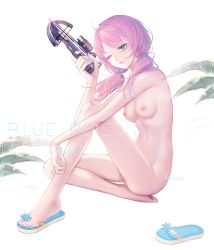 Rule 34 | 1girl, absurdres, ahoge, arknights, blue eyes, blue nails, blue poison (arknights), bow (weapon), breasts, character name, closed mouth, commentary request, copyright name, crossbow, flip-flops, highres, long hair, low twintails, nail polish, navel, nipples, nude, one eye closed, pink hair, sandals, shoes, single shoe, sitting, small breasts, solo, twintails, weapon, yaoko