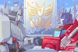 2boys blue_eyes crowd cybertron handshake helmet highres humanoid_robot insignia lantana0_0 machine mecha megatron megatron_(idw) multiple_boys no_humans optimus_prime red_eyes robot science_fiction smokestack the_transformers_(idw) transformers