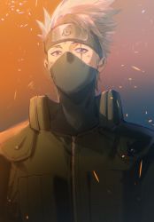 Rule 34 | 1boy, absurdres, ashorz, black mask, commentary, covered mouth, embers, green eyes, hatake kakashi, headband, highres, lens flare, looking at viewer, male focus, naruto, naruto (series), scar, scar across eye, scar on face, short hair, sidelocks, silver hair, solo, spiked hair, straight-on, upper body, zipper