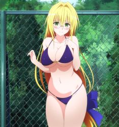 Rule 34 | 10s, 1girl, bikini, blonde hair, blush, breasts, chain-link fence, cleavage, embarrassed, female focus, fence, glasses, green eyes, highres, large breasts, long hair, low-tied long hair, navel, purple thong, reference work, screencap, solo, string bikini, swimsuit, tearju lunatique, thigh gap, to love-ru, to love-ru darkness, very long hair