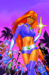 Rule 34 | 3boys, 5girls, alien, boots, clothing cutout, colored sclera, colored skin, dc comics, fiery hair, green sclera, hawaiian shirt, highres, hip vent, long hair, long sleeves, multiple boys, multiple girls, orange skin, police, shirt, shoulder cutout, sky, smile, starfire, thigh boots, thighhighs