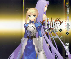 Rule 34 | 2girls, ahoge, armor, artoria pendragon (all), artoria pendragon (fate), back-to-back, blonde hair, blue eyes, braid, cover, cover page, facial mark, fate/stay night, fate (series), forehead mark, gauntlets, highres, long hair, medusa (fate), medusa (rider) (fate), multiple girls, nishiwaki dat, purple eyes, purple hair, saber (fate), scan, square pupils, thighhighs, very long hair