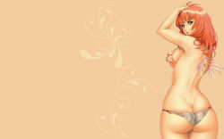 Rule 34 | 1girl, ass, breasts, butt crack, covering breasts, covering privates, eiwa, highres, looking back, nail polish, orange eyes, orange hair, panties, red nails, small breasts, solo, topless, underwear, wallpaper, white background, wings