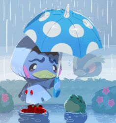 Rule 34 | 1boy, 1girl, animal crossing, bird boy, blue coat, blue raincoat, blue umbrella, blush stickers, boots, brown hair, bush, closed mouth, coat, commentary request, drawstring, duck girl, flower, frog, furry, furry female, highres, holding, holding umbrella, hood, hood up, hooded coat, hopper (animal crossing), kopa nishikida, long sleeves, nintendo, notice lines, outdoors, overcast, pate (animal crossing), polka dot, polka dot umbrella, rain, raincoat, red eyes, red footwear, rubber boots, sky, standing, umbrella, water, white flower