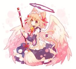 Rule 34 | 1girl, angel wings, animal ears, apron, bell, blue dress, blush, broom, cat ears, cat tail, character request, dress, feathered wings, frilled dress, frills, hair ribbon, halo, hibi89, holding, holding broom, jingle bell, looking at viewer, maid, maid headdress, merc storia, purple eyes, red ribbon, ribbon, short hair, solo, tail, tail bracelet, white wings, wings