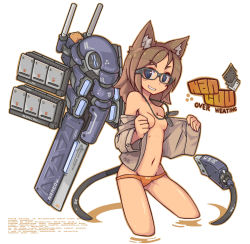 Rule 34 | 1girl, animal ears, armored core: for answer, bikini, bikini bottom only, blue eyes, breasts, brown hair, cable, cable tail, cat ears, cropped legs, dog tags, glasses, grin, lowleg, mecha musume, mechanical tail, nancou (nankou), navel, orange bikini, original, panties, revealing clothes, short hair, smile, solo, swimsuit, tail, underwear, undressing, usb