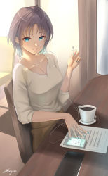 Rule 34 | 1girl, antenna hair, asakura toru, beige pants, blue eyes, breasts, cellphone, chair, cleavage, coffee, coffee mug, collarbone, cup, digital media player, earphones, earrings, highres, holding, holding earphones, idolmaster, idolmaster shiny colors, indoors, jewelry, light blush, long sleeves, looking at viewer, medium breasts, mirror, mug, multicolored hair, musical note, nail polish, necklace, paper, parted bangs, phone, sheet music, shirt, shogun (a96040021), short hair, sitting, smartphone, smile, solo, sunlight, sunset, table, two-tone hair, v-neck, white shirt, window, wooden table