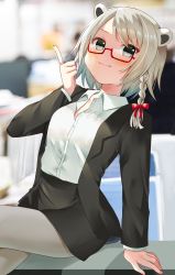 Rule 34 | 1girl, alternate costume, animal ears, arm support, bear ears, blurry, braid, breasts, computer, crossed legs, cubicle, depth of field, fang, formal, grey eyes, grey hair, grey pantyhose, grin, hair ribbon, highres, index finger raised, indie virtual youtuber, indoors, jacket, kumagai chisato, leaning back, looking at viewer, office, office lady, on table, open clothes, open jacket, pantyhose, pencil skirt, red-framed eyewear, red ribbon, ribbon, semi-rimless eyewear, shirt, short hair, single braid, skirt, small breasts, smile, solo, suit, table, under-rim eyewear, virtual youtuber, white shirt, yam (yamap mako)