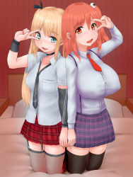Rule 34 | 2girls, :d, arm warmers, bad id, bad pixiv id, bed, blonde hair, blue eyes, blush, breasts, brown eyes, brown hair, checkered clothes, checkered skirt, choker, covered erect nipples, dead or alive, dead or alive 5, detached sleeves, dress shirt, fishnet legwear, fishnets, garter straps, hair ornament, hair ribbon, heart, heart choker, highres, holding hands, honoka (doa), impossible clothes, impossible shirt, interlocked fingers, jewelry, kneeling, large breasts, long hair, looking at viewer, loose necktie, marie rose, miniskirt, multiple girls, necklace, necktie, open collar, open mouth, orange eyes, orange hair, plaid, plaid skirt, pleated skirt, raseruta, ribbon, shirt, short sleeves, side ponytail, single sleeve, skirt, small breasts, smile, thighhighs, twintails, v, v over eye, wristband