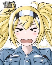 Rule 34 | 1girl, admiral paru, blonde hair, blue eyes, blue shirt, breasts, collared shirt, facing viewer, gambier bay (kancolle), hair ornament, hairband, kantai collection, large breasts, long hair, multicolored hairband, open mouth, shirt, simple background, solo, twintails, twitter username, upper body, white background