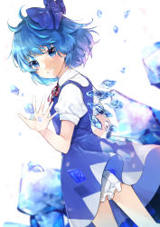 Rule 34 | 1girl, absurdres, bloomers, blue bow, blue dress, blue eyes, blue hair, bow, cirno, cowboy shot, dress, grin, hair bow, highres, ice, ice wings, looking at viewer, puffy short sleeves, puffy sleeves, red ribbon, ribbon, shirt, short hair, short sleeves, smile, solo, touhou, underwear, white background, wings, yurara (aroma42enola)