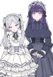 Rule 34 | 2girls, alternate costume, apron, ascot, black dress, black headdress, blunt bangs, breasts, closed mouth, collar, dangle earrings, doseki89, dress, drop earrings, earrings, elf, enmaided, expressionless, fern (sousou no frieren), frieren, frilled collar, frilled dress, frilled headwear, frills, green eyes, headdress, highres, jewelry, lolita fashion, long hair, long sleeves, looking at viewer, maid, maid apron, maid headdress, medium breasts, multiple girls, parted bangs, pointy ears, purple eyes, purple hair, sidelocks, simple background, sketch, sousou no frieren, straight hair, twintails, unconventional maid, white dress, white hair, white headdress, wrist cuffs