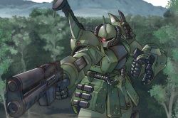 Rule 34 | clenched hand, forest, glowing, glowing eye, gouf hunter, gun, gundam, gundam msv, highres, holding, holding gun, holding weapon, horns, mecha, mobile suit, mountain, nature, no humans, one-eyed, red eyes, robot, science fiction, shoulder spikes, single horn, spikes, tree, weapon, zenkaku 138