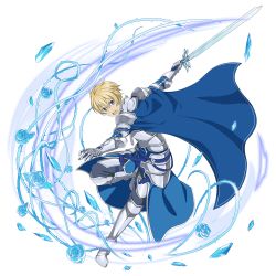 Rule 34 | 1boy, armor, armored boots, blonde hair, blue cape, blue eyes, blue rose sword, boots, cape, eugeo, full body, gauntlets, grey pants, hair between eyes, highres, holding, holding sword, holding weapon, leg up, looking at viewer, male focus, official art, open mouth, pants, plant, shoulder armor, solo, pauldrons, sword, sword art online, sword art online: alicization, transparent background, vines, weapon
