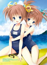 Rule 34 | 2girls, :d, arm support, azuma yuki, bad id, bad pixiv id, bare arms, bare shoulders, blue eyes, blue one-piece swimsuit, blue sky, blush, breasts, brown hair, cameltoe, cloud, cloudy sky, day, green ribbon, hair between eyes, hair ribbon, head tilt, horizon, hug, hug from behind, looking at viewer, multiple girls, name tag, ocean, old school swimsuit, one-piece swimsuit, open mouth, original, outdoors, ribbon, school swimsuit, short hair, siblings, simple background, sisters, sitting, sky, small breasts, smile, straddling, swimsuit, translation request, twins, twintails, water, yellow ribbon