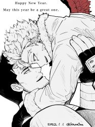 Rule 34 | 2022, 2boys, beard, boku no hero academia, burn scar, close-up, costume, earrings, endeavor (boku no hero academia), eye contact, facial hair, feathered wings, feathers, fingerless gloves, forehead-to-forehead, from side, fur-trimmed jacket, fur trim, gloves, goatee, greyscale, happy new year, hawks (boku no hero academia), heads together, highres, jacket, jewelry, kana0wa, lifting another&#039;s clothes, lifting person, looking at another, male focus, monochrome, multiple boys, mustache, new year, noses touching, red feathers, scar, scar on face, short hair, sideburns, size difference, spot color, stud earrings, text background, twitter username, very short hair, wings, yaoi