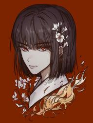 Rule 34 | 1girl, black hair, blunt bangs, closed mouth, commentary request, flower, hair flower, hair ornament, highres, korean commentary, limbus company, lips, looking at viewer, nyomnyang, orange background, portrait, project moon, red eyes, ryoshu (project moon), sanpaku, short hair, solo, white flower