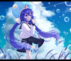 Rule 34 | 1girl, ahoge, blue eyes, blue hair, blush, bow, bubble, blowing bubbles, bubble pipe, eel hat, field, flower, hair bow, hair flower, hair ornament, hat, hat ribbon, highres, holding, letterboxed, long hair, low-braided long hair, low-tied long hair, low twintails, neckerchief, otomachi una, outdoors, pleated skirt, ribbon, rooibos, school uniform, serafuku, skirt, sky, smile, solo, twintails, very long hair, vocaloid, wind
