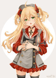 Rule 34 | 1girl, :o, admiral hipper (azur lane), ahoge, armband, armpit cutout, azur lane, black thighhighs, blonde hair, blush, buttons, choker, clothing cutout, collarbone, commentary request, cowboy shot, cross, dated, double-breasted, elbow sleeve, flat chest, green eyes, grey jacket, hair between eyes, happy birthday, hat, headgear, highres, iron cross, jacket, long hair, looking at viewer, mole, mole under eye, open mouth, own hands together, peaked cap, red skirt, red sleeves, saekiya sabou, sidelocks, simple background, skirt, solo, standing, teeth, thighhighs, twitter username, two side up, upper teeth only, zettai ryouiki