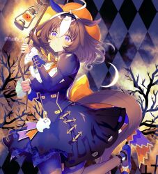 Rule 34 | 1girl, ahoge, back bow, bad id, bad twitter id, bare tree, black dress, bow, brown hair, closed mouth, commentary, cowboy shot, dress, frilled sleeves, frills, ghost ornament, grey pantyhose, hairband, halloween, halloween costume, hat, holding, holding lantern, huge bow, inactive account, juliet sleeves, lantern, long sleeves, looking at viewer, medium hair, meisho doto (dot-o&#039;-lantern) (umamusume), meisho doto (umamusume), multicolored hair, official alternate costume, orange bow, orange headwear, outdoors, pantyhose, puffy sleeves, purple footwear, purple hairband, quatraise, shoes, short dress, smile, solo, standing, symbol-only commentary, tree, twitter username, two-tone hair, umamusume, white hair