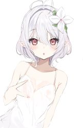 Rule 34 | 1girl, :o, antenna hair, arm at side, bare shoulders, blush, breasts, collarbone, dress, elf, flower, grey hair, hair between eyes, hair flower, hair ornament, hand up, head tilt, highres, kokkoro (princess connect!), leaning to the side, looking at viewer, medium breasts, open mouth, pink eyes, pointy ears, princess connect!, see-through, short hair, simple background, sketch, solo, upper body, v, white background, white dress, white flower, yupi (yuyupiko01)