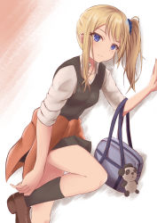 Rule 34 | 1girl, against wall, bad id, bad pixiv id, bag, black socks, blonde hair, blouse, blue eyes, breasts, brown footwear, closed mouth, clothes around waist, collared shirt, commentary request, dress shirt, expressionless, hair between eyes, hair ornament, hair scrunchie, hand on wall, hand up, hayasaka ai, highres, jewelry, kaguya-sama wa kokurasetai ~tensai-tachi no renai zunousen~, koucha miruku, leaning, leg up, loafers, long hair, looking at viewer, medium breasts, necklace, putting on shoes, school bag, school uniform, scrunchie, shirt, shoes, short sleeves, shoulder bag, shuuchiin academy school uniform, side ponytail, sidelocks, simple background, sleeves rolled up, socks, solo, standing, standing on one leg, sweater, sweater around waist, white background, white shirt