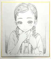 Rule 34 | 1girl, border, bracelet, braid, check copyright, closed mouth, commentary request, copyright request, english text, flower, greyscale, hair flower, hair ornament, hair over shoulder, hairclip, hands up, jewelry, long hair, looking at viewer, monochrome, murata range, neckerchief, original, sailor collar, sailor shirt, school uniform, serafuku, shikishi, shirt, short sleeves, solo, traditional media, twin braids, upper body