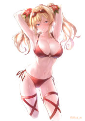 Rule 34 | 1girl, absurdres, armpits, arms up, bikini, blonde hair, blue eyes, blush, breasts, cleavage, collarbone, commentary request, eyewear on head, flower, gluteal fold, granblue fantasy, hair flower, hair ornament, hibiscus, highres, large breasts, long hair, looking at viewer, navel, o-ring, o-ring top, red bikini, red flower, side-tie bikini bottom, simple background, smile, solo, standing, stomach, sunglasses, swimsuit, thigh strap, twintails, twitter username, ulrich (tagaragakuin), wet, white background, zeta (granblue fantasy), zeta (summer) (granblue fantasy)