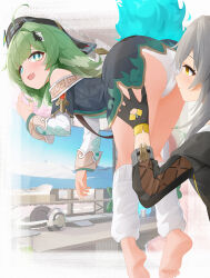 Rule 34 | 2girls, ahoge, animal ears, ass, bare shoulders, barefoot, bent over, black gloves, black jacket, blue fire, computer, fiery tail, fire, flag, fox ears, fox girl, ghost tail, gloves, green eyes, green hair, grey hair, hair ornament, hand on another&#039;s thigh, hat, headphones, highres, honkai: star rail, honkai (series), huohuo (honkai: star rail), jacket, long hair, long sleeves, medium hair, monitor, multiple girls, open mouth, paid reward available, panties, paw-shaped pupils, smelling crotch, smelling pussy, stelle (honkai: star rail), symbol-shaped pupils, tail, trailblazer (honkai: star rail), underwear, upskirt, white leg warmers, white panties, wood cube, yellow eyes, yellow trim, yin yang, yin yang hair ornament, yuri