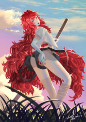 Rule 34 | 1girl, :p, ass, blush, cloud, evening, from below, grass, hertro, highres, houseki no kuni, long hair, looking at viewer, looking back, masturbation, object insertion, padparadscha (houseki no kuni), pussy, red eyes, red hair, sky, smile, spread ass, sword, thighhighs, tongue, tongue out, uncensored, uniform, upshorts, vaginal, vaginal object insertion, very long hair, weapon