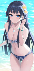 Rule 34 | 1girl, asato (fadeless), bare shoulders, bikini, black hair, blue bikini, blue eyes, blush, bracelet, breasts, cleavage, closed mouth, collarbone, cowboy shot, dot nose, earrings, flower, flower necklace, front-tie bikini top, front-tie top, glint, hair flower, hair ornament, hand up, highres, idolmaster, idolmaster million live!, idolmaster million live! theater days, jewelry, long hair, looking at viewer, mogami shizuka, navel, necklace, outstretched arm, small breasts, smile, solo, standing, striped bikini, striped clothes, swimsuit, water, wet, white flower