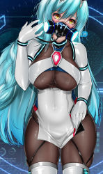 Rule 34 | 1girl, animal ears, azur lane, bad id, bad pixiv id, blue hair, blush, bodystocking, bodysuit, boise (azur lane), braid, breasts, commentary request, covered collarbone, covered mouth, covered navel, cowboy shot, fake animal ears, garter straps, gloves, glowing, hair between eyes, hair ornament, hand up, head tilt, highres, large breasts, light 553, light blue hair, long hair, looking at viewer, mechanical ears, oxygen mask, rabbit ears, sidelocks, skindentation, solo, standing, white gloves, white legwear, yellow eyes