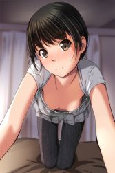 Rule 34 | 1girl, bed, black hair, blush, breasts, brown eyes, cleavage, closed mouth, downblouse, highres, looking at viewer, matsunaga kouyou, no bra, original, short hair, small breasts, smile, solo