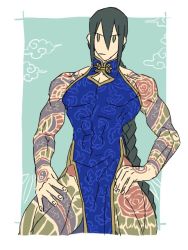 Rule 34 | 1boy, black hair, braid, china dress, chinese clothes, closed mouth, cowboy shot, crossdressing, dress, fate/grand order, fate (series), full-body tattoo, green eyes, hands on own hips, male focus, pelvic curtain, single braid, solo, tattoo, thick thighs, thighs, yan qing (fate)