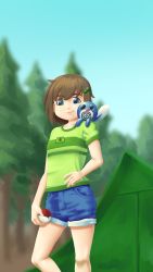 Rule 34 | 1girl, absurdres, blue eyes, blue shorts, blue shy, child, clear sky, creatures (company), crossover, denim, denim shorts, ears, eyebrows hidden by hair, forest, freckles, frog, game freak, gen 1 pokemon, green eyes, green hair ornament, green shirt, green stripe, green tent, hair ornament, hand on own hip, highres, indie virtual youtuber, knees, legs, lily hopkins, looking at viewer, looking down, moopers, multicolored eyes, nature, nintendo, pink lips, pocket, poke ball, pokemon, pokemon (creature), poliwag, shirt, shorts, sitting, sitting on person, sky, smile, source request, spread legs, striped clothes, striped shirt, t-shirt, tent, tree, virtual youtuber