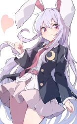 Rule 34 | 1girl, absurdres, animal ears, black jacket, blazer, blush, buttoned cuffs, buttons, closed mouth, collared shirt, cowboy shot, crescent, crescent pin, fingernails, hair between eyes, heart, highres, jacket, light purple hair, long hair, nankotsu, necktie, open clothes, open jacket, pink skirt, pleated skirt, rabbit ears, red eyes, red necktie, reisen udongein inaba, shirt, simple background, skirt, smile, solo, touhou, white background, white shirt