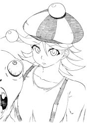 Rule 34 | 1girl, breath of fire, breath of fire iv, closed mouth, greyscale, hat, long hair, looking at viewer, monochrome, oshieta girl, puppet, simple background, solo, suspenders, tsukudani (coke-buta), white background